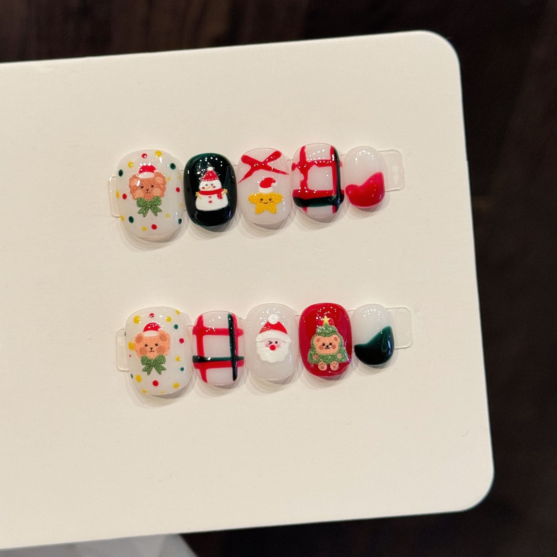 Christmas Cute Santa Bear Gift Red Green Festive Press On Nails