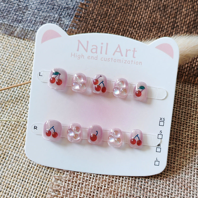 365nails: "juicy dewdrop cherry" – short round handmade kids press-on nails