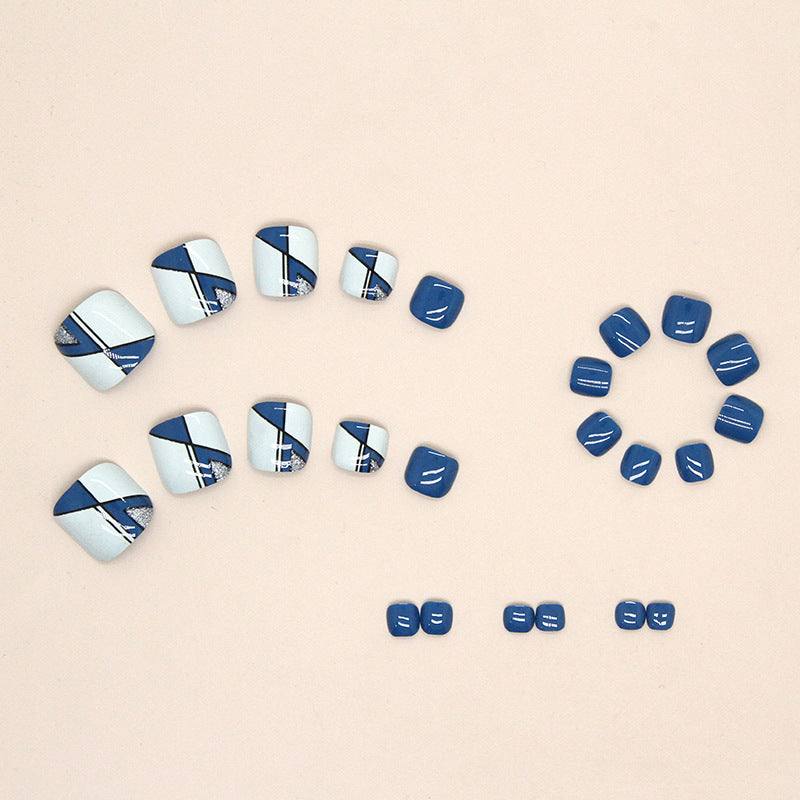 Coleção irregular azul-marinho simples e fresca, unhas postiças listradas, unhas postiças postiças, unhas postiças postiças, peça de nail art para unhas postiças｜365nails