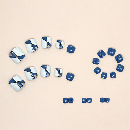 Coleção irregular azul-marinho simples e fresca, unhas postiças listradas, unhas postiças postiças, unhas postiças postiças, peça de nail art para unhas postiças｜365nails