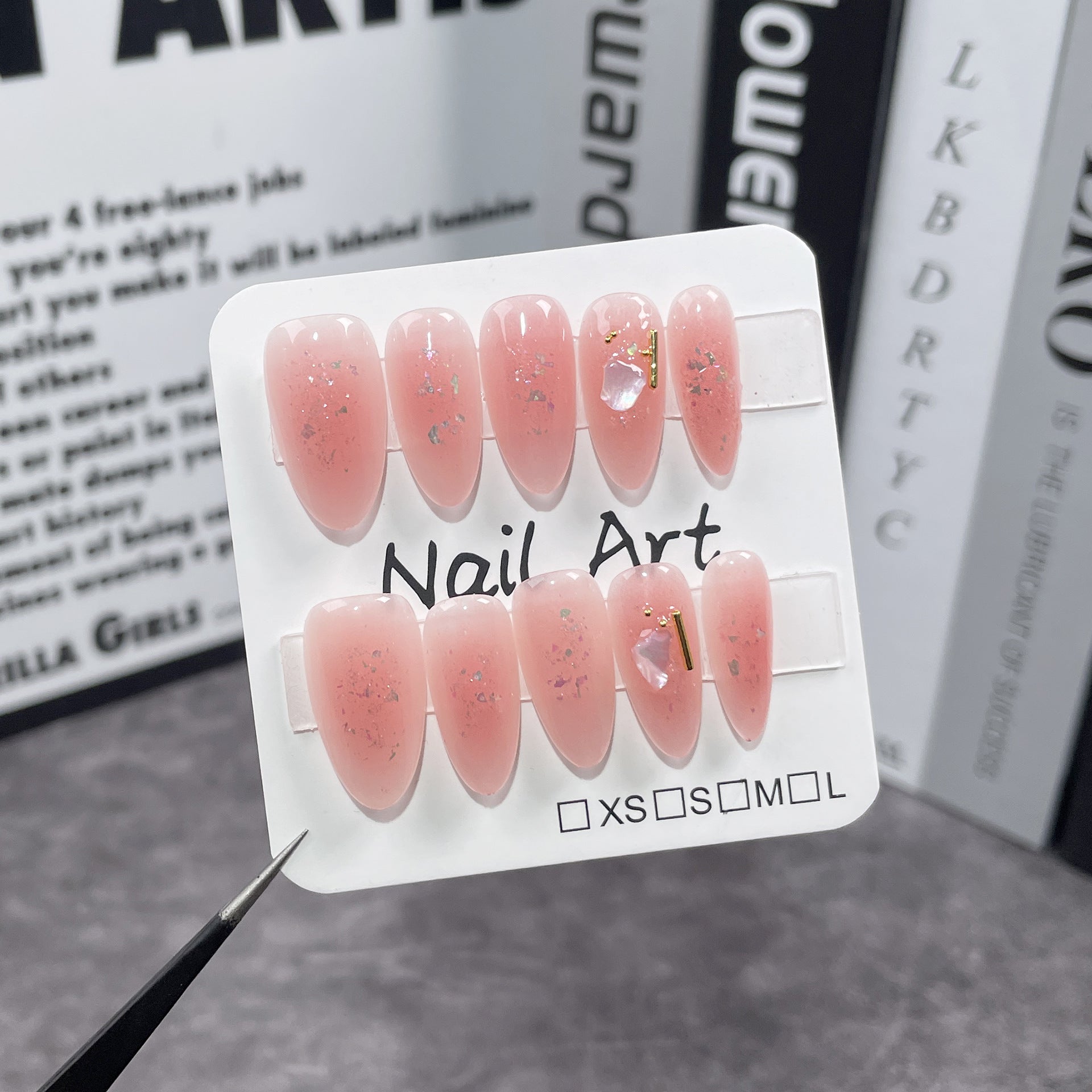 Simple and pure Handmade press on nails spray gun blush almond nail art autumn and winter new shell steel ball  sticker｜365nails
