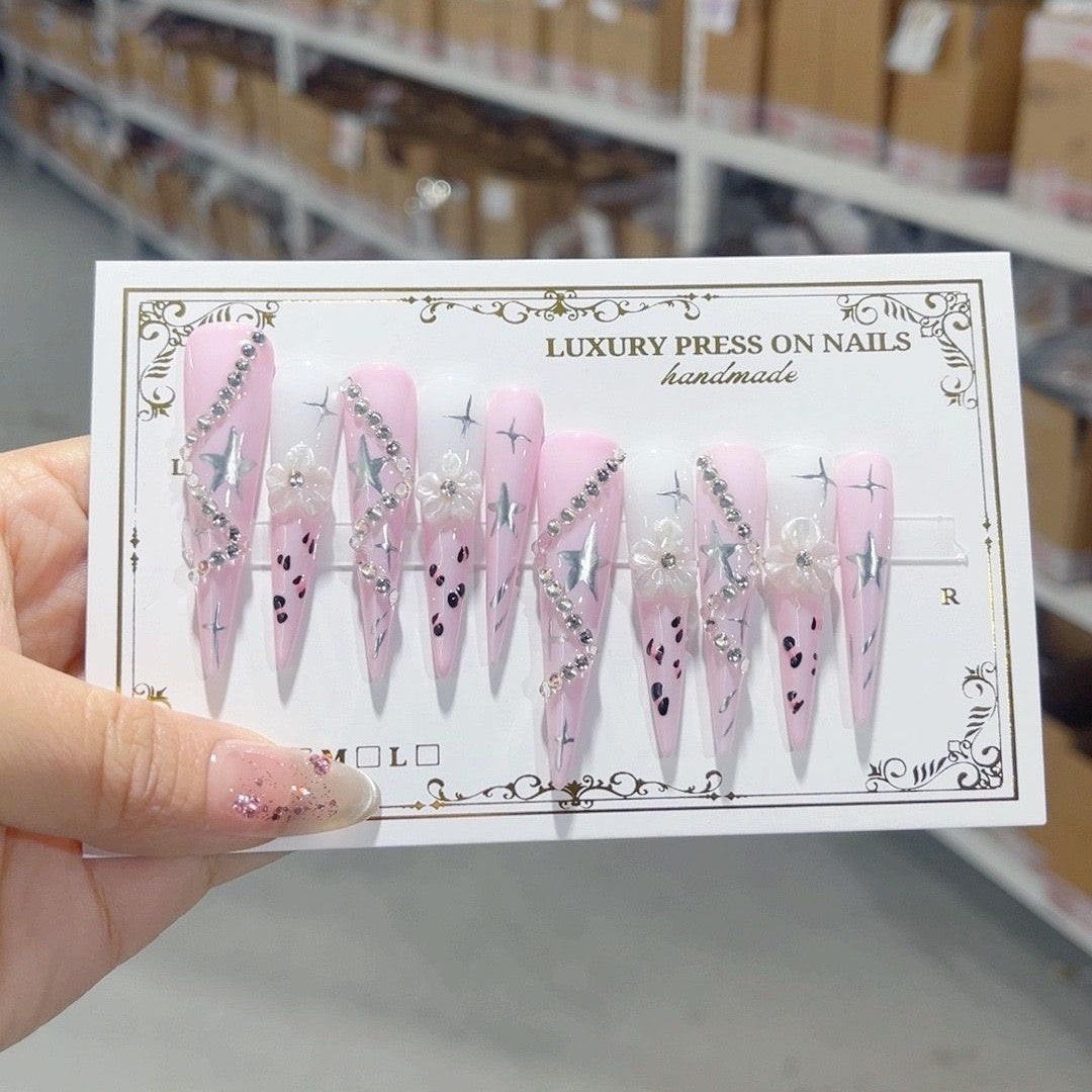 Pink Star Crystal Y2K Press On Nail Set