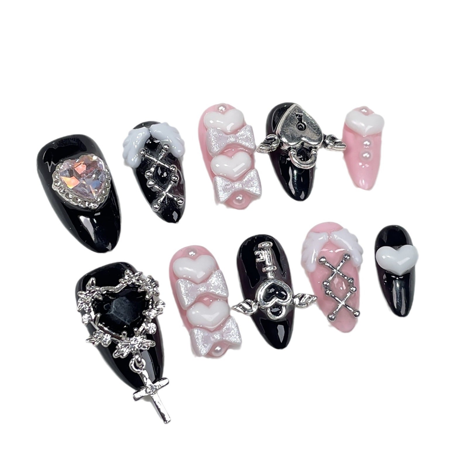 Unhas postiças artesanais Millennium Spice Girl Wind Black Powder Sweet Cool Nail Art com acabamento em patch｜365nails