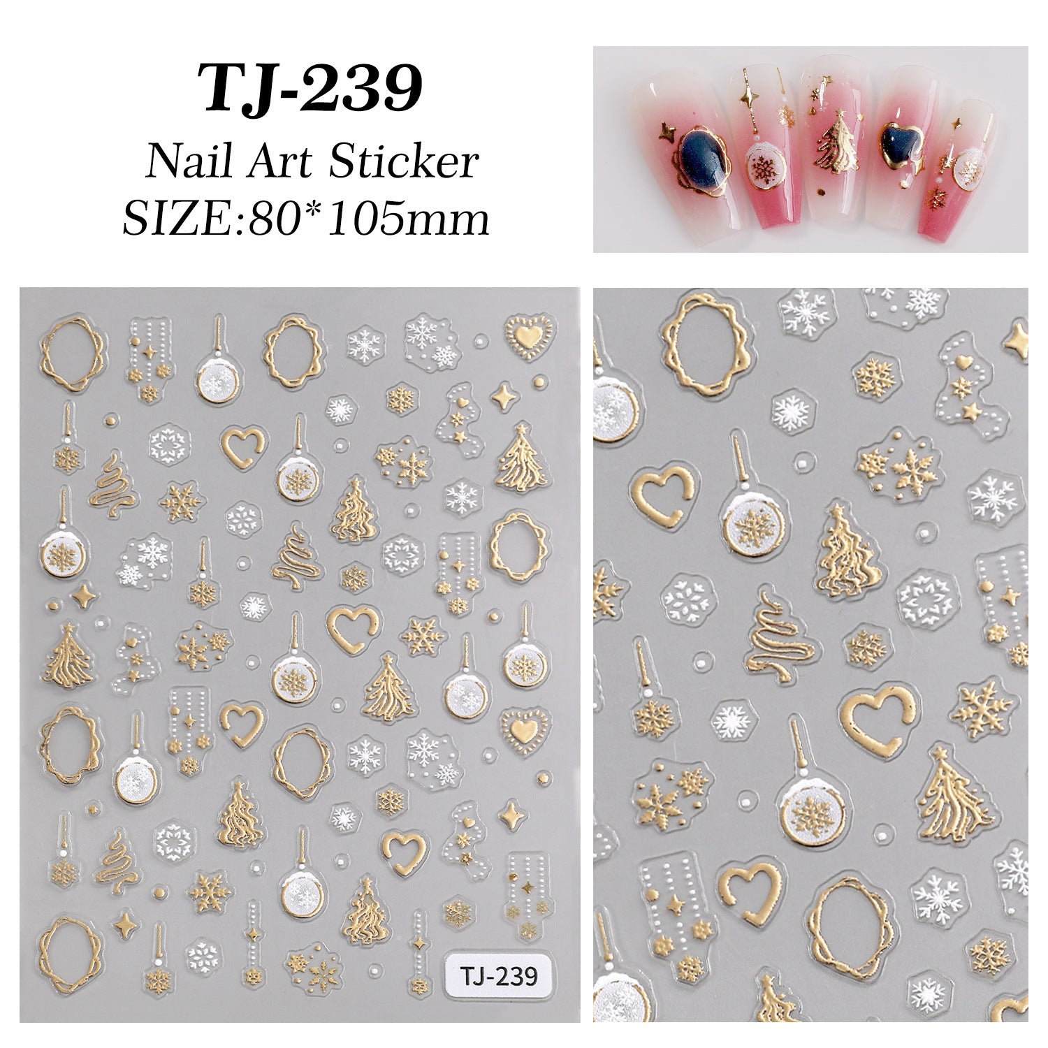 Adesivo de Unha de Natal Árvore de Natal Dourada 5D em Relevo Tridimensional Floco de Neve Bola de Natal Adesivo de Unha DIY Enfeite TJ