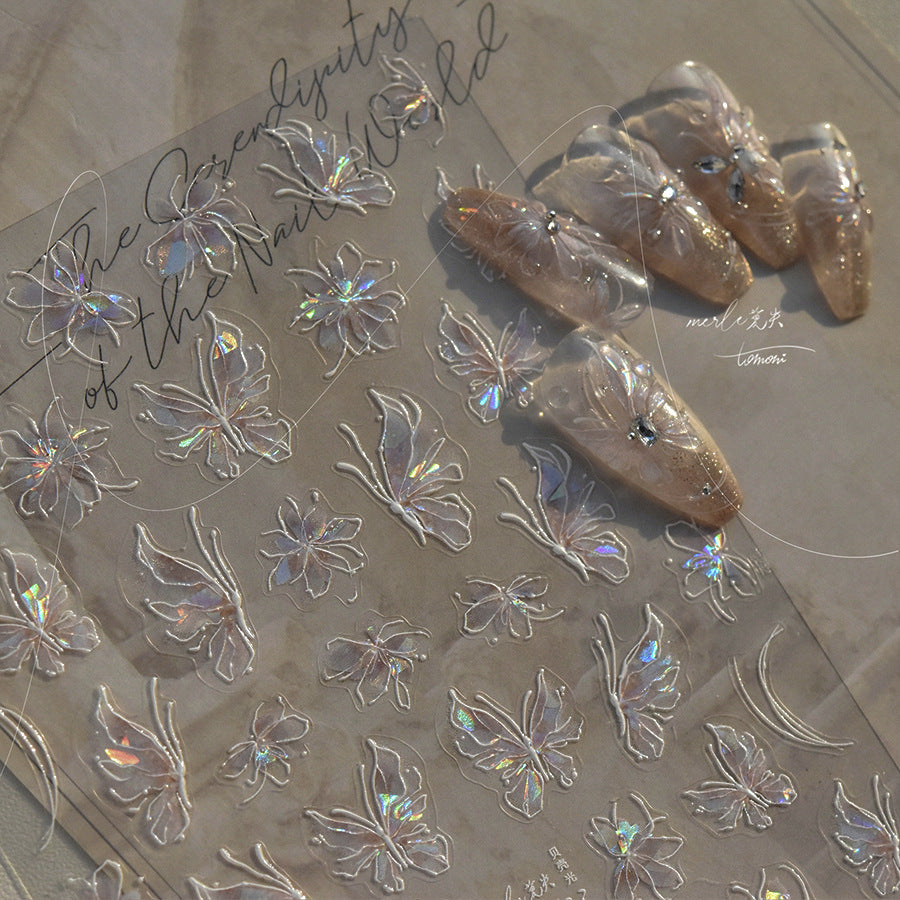 Holographic Shell Light Butterfly Nail Stickers – 3D Embossed Iridescent Set