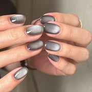Unhas falsas curtas cinza com patch de olho de gato para decoração de unhas, verão ｜365nails
