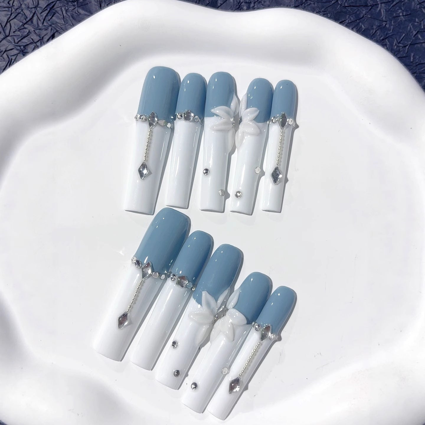 Blue White Pearl Floral Long Press On Nails