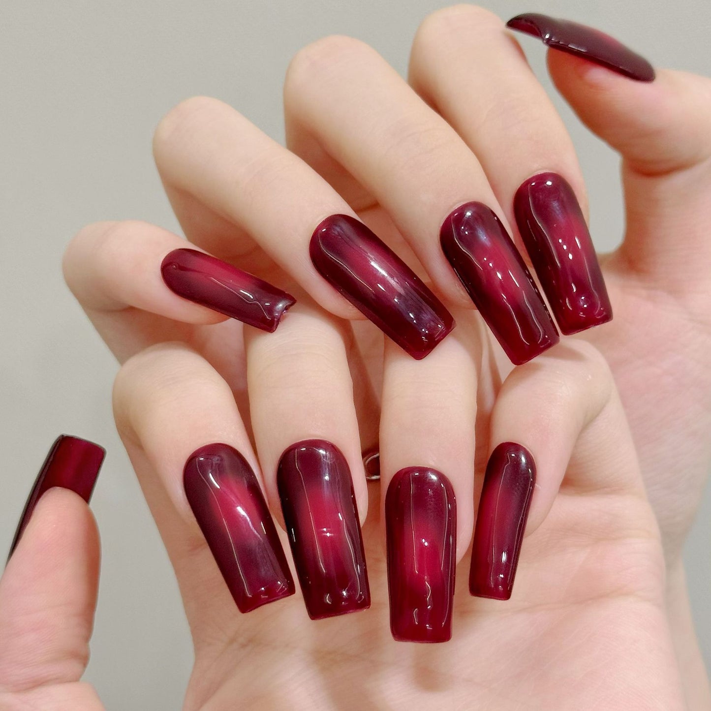 Glossy Wine Red Cat Eye Press On Nails