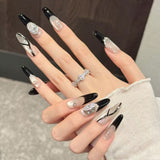 Long Black Silver Medium Nude Pearl Mixed Nail Set
