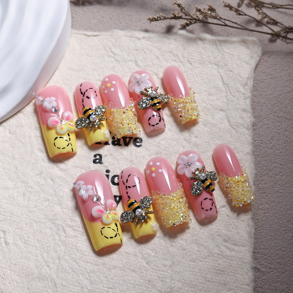 Honey Bee Floral Sweet Crystal Press On Nails