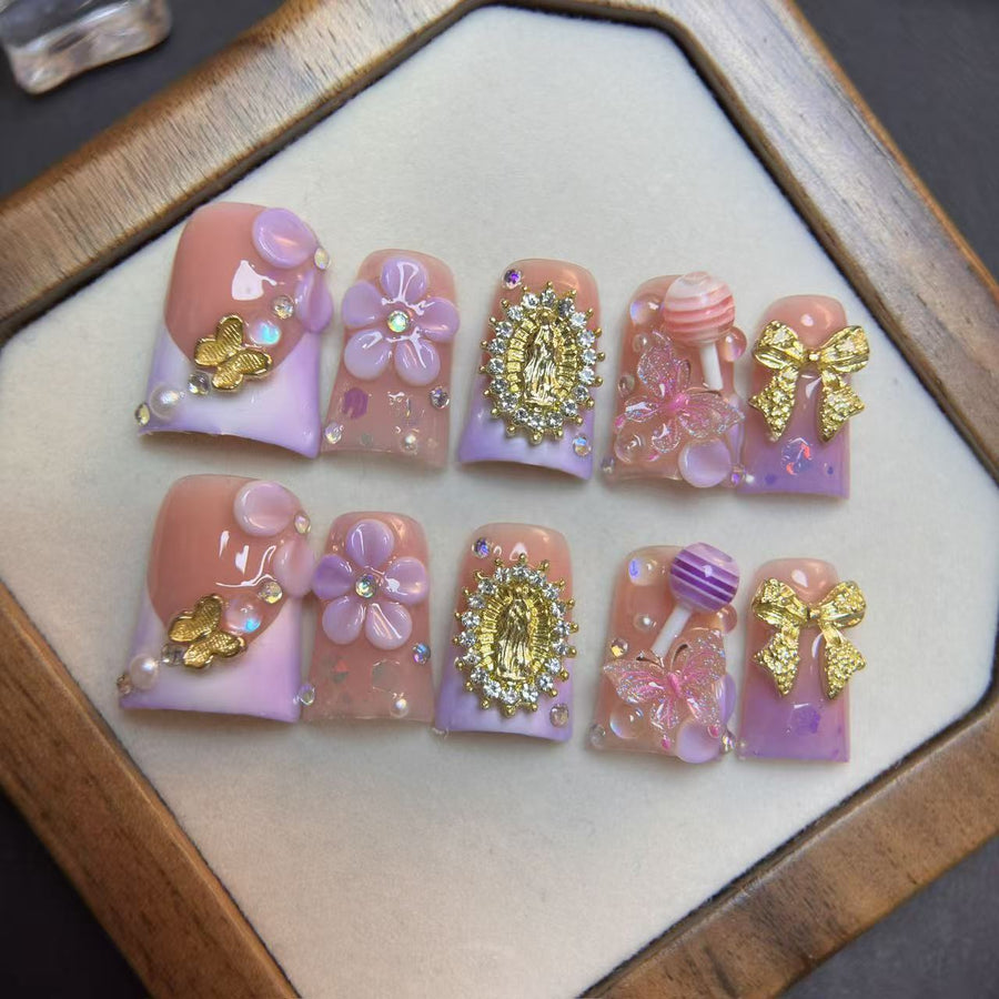 Purple Fairy Bow Crystal Press-On Nails Set