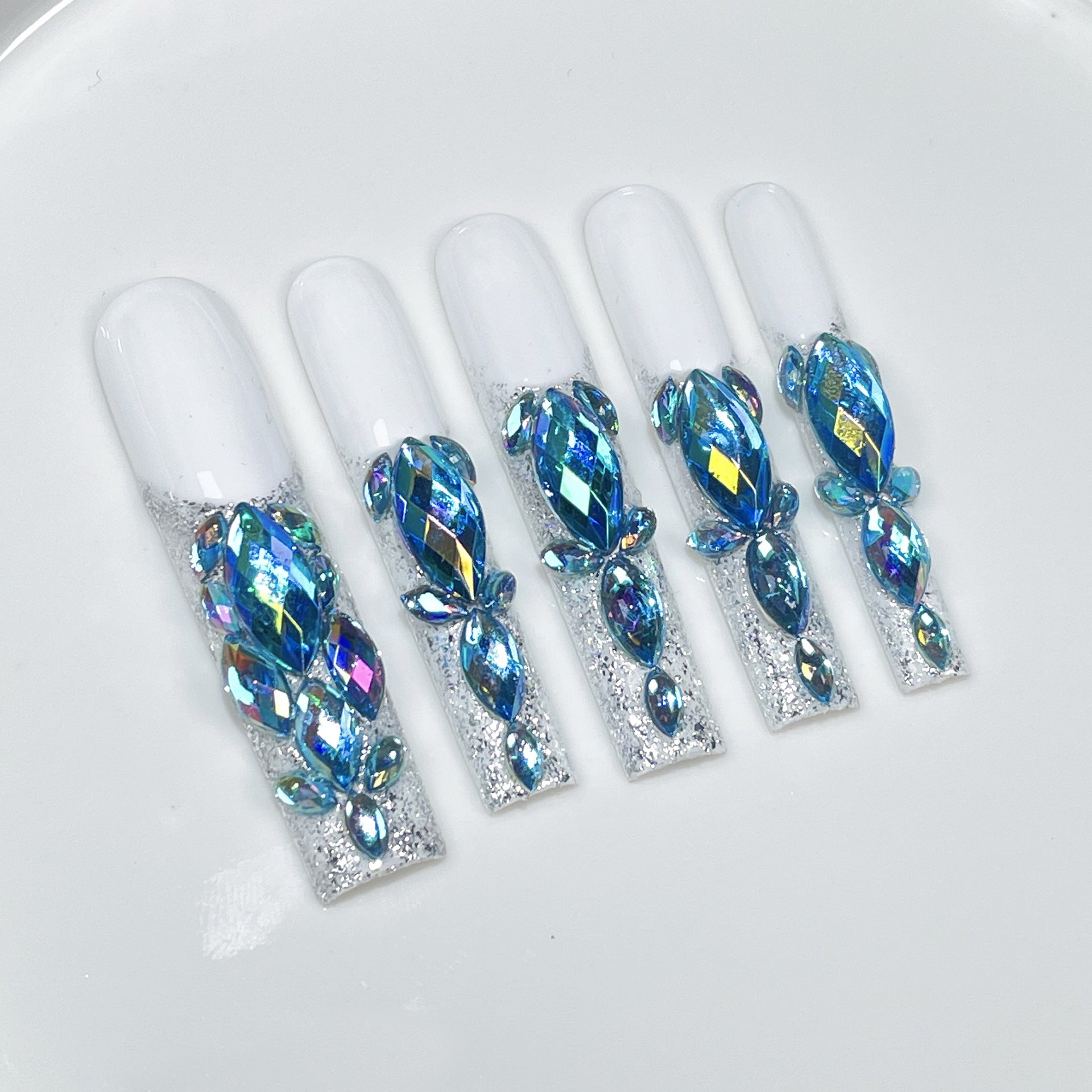 Flash cheio de diamantes, unhas postiças feitas à mão, unhas super longas estilo cachimbo de água, manicure francesa industrial pesada ｜365nails