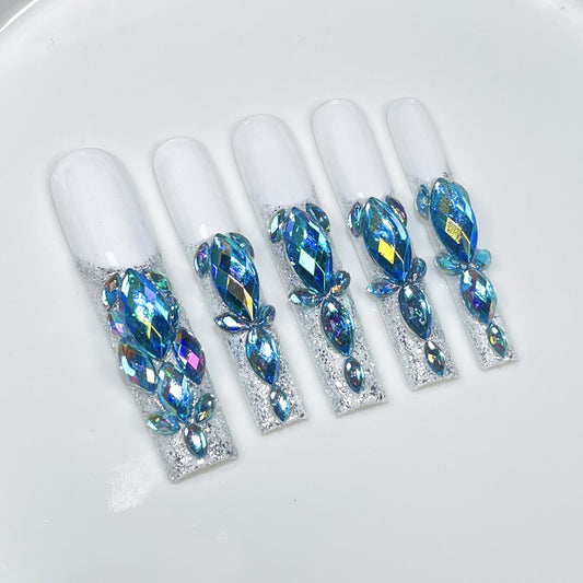 Flash full of diamonds, Handmade press on nails,  super long water pipe nail, heavy industry French manicure｜365nails