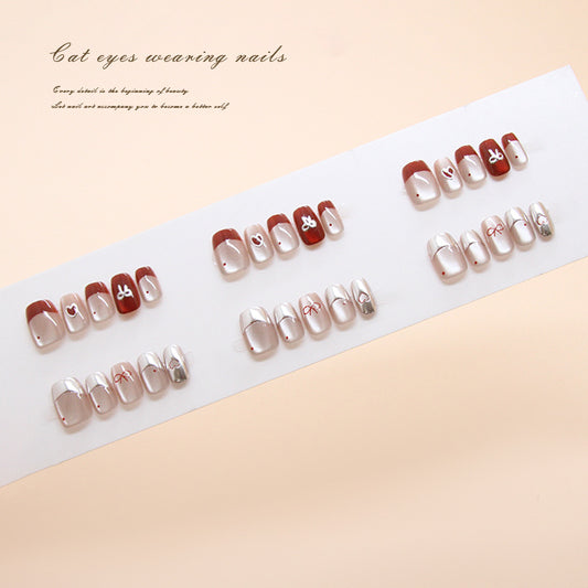 Nail Tips  prefabricated nail three-dimensional French cat eye love bow vitality girl white short nail art pieces 30 pieces｜365nails