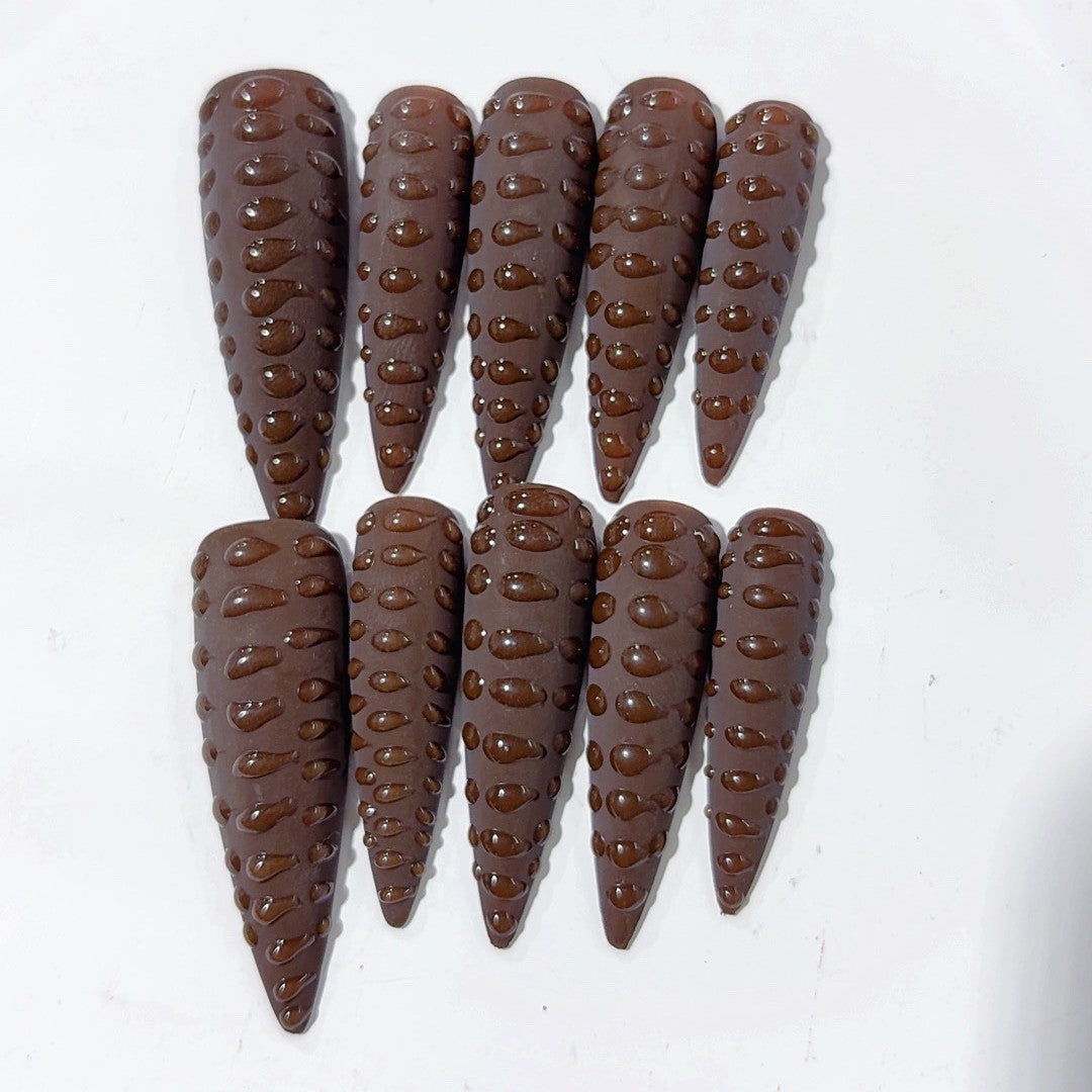 365nails-巧克力淋漿：「可可紋理」– 尖形 手工製 3D 雕刻 穿戴甲