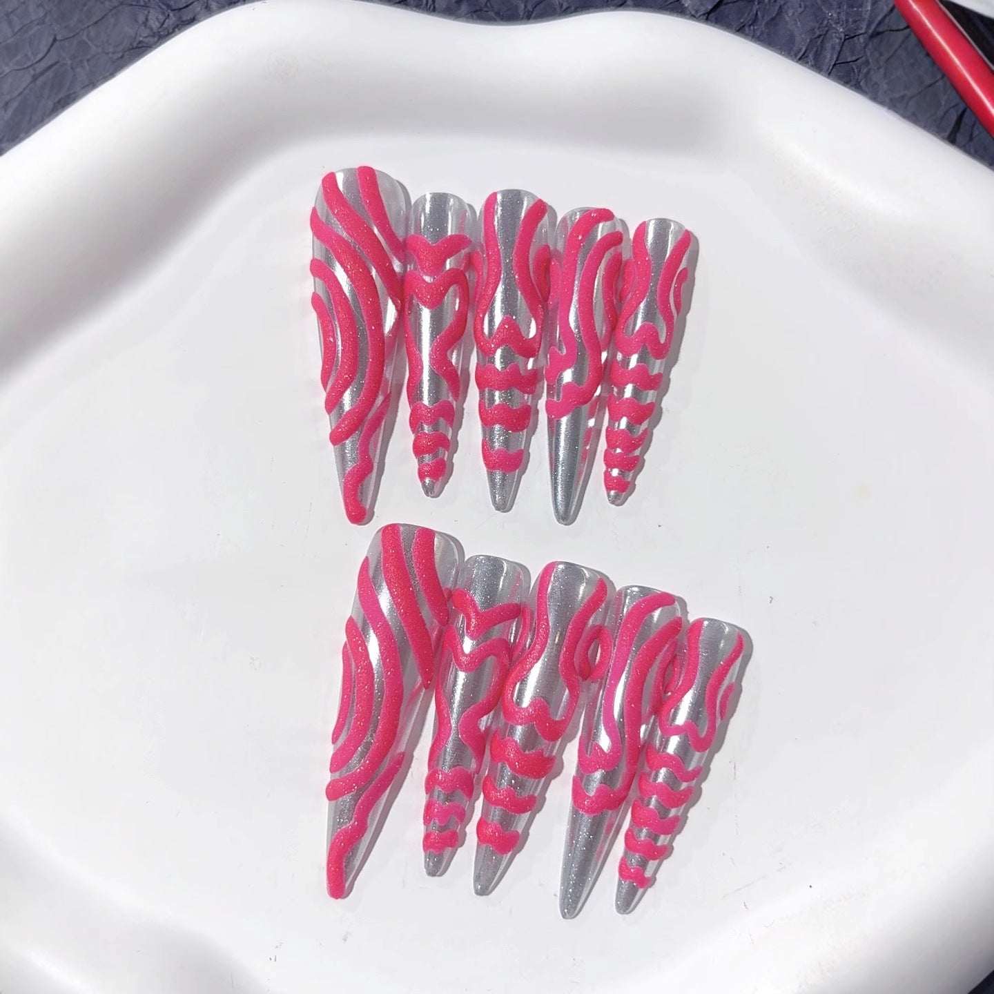 Hot Pink Metallic Wave Statement Press On Nails