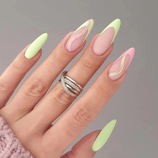 press on nails French manicure fresh yellow pink line glitter matte nails piece fake nails removable nails｜365nails