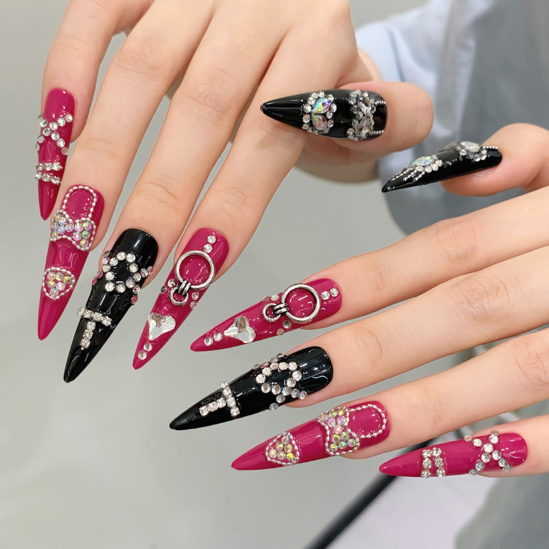 365nails: "Rebel Heart" – 3D Rhinestone & Metal Charm Handmade Long Stiletto Nails