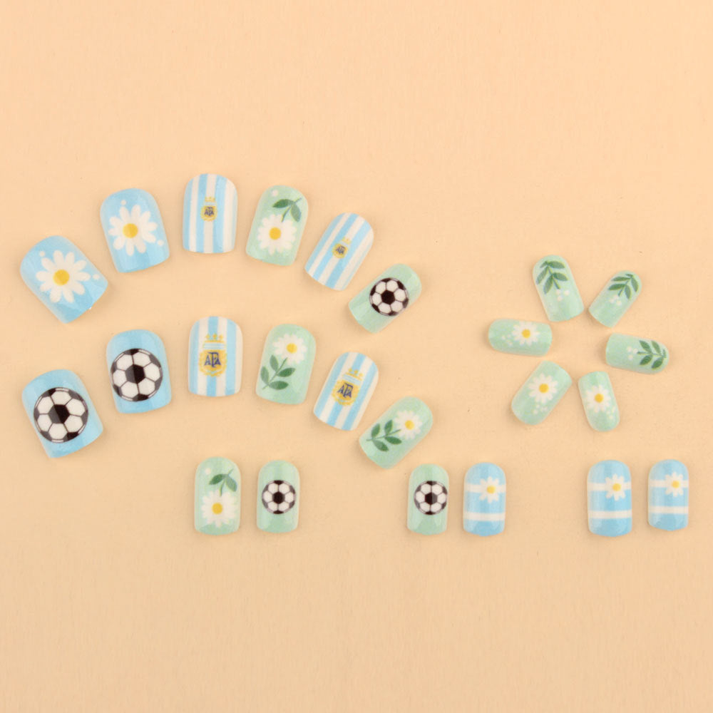 World Cup Argentina Team Fan Press-On Nails with Footballs & Daisies (Short Square/24pcs/Cute)