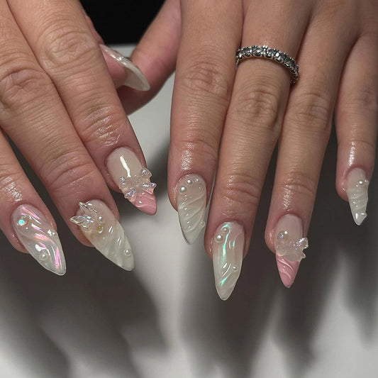 Unhas postiças francesas de pressão rosa, manicure com pérolas 3D, unhas postiças com laço tridimensional, unhas postiças ｜365nails