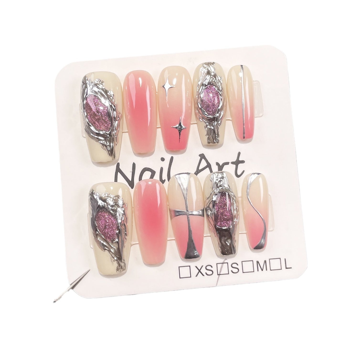 Sweet cool metal  style Handmade press on nails spray gun blush irregular cat eye medium and long nail patch wholesale｜365nails