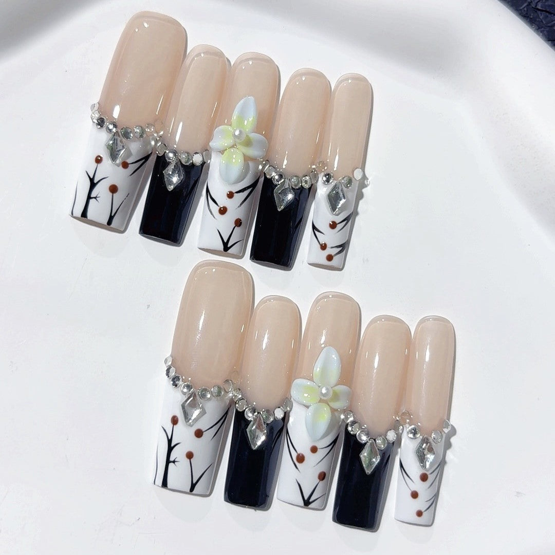 Elegant Nude Floral Crystal Contrast Press On Nails