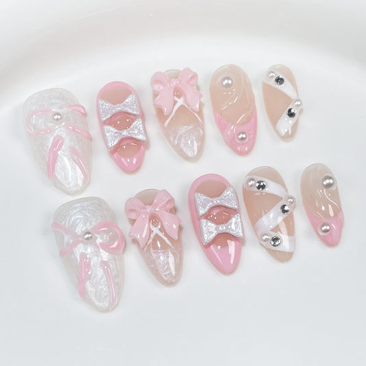 Ballet Shoes Pure Desire Sweet Embossed Hand-painted Bow Handmade Wearing False Nail Patch｜365nails