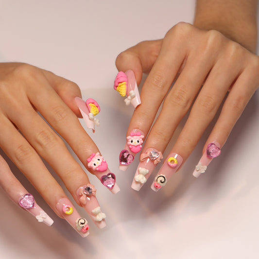 Desenho animado fofo rosa arte de unha cone sorvete laço tridimensional amor flash diamante ｜365nails