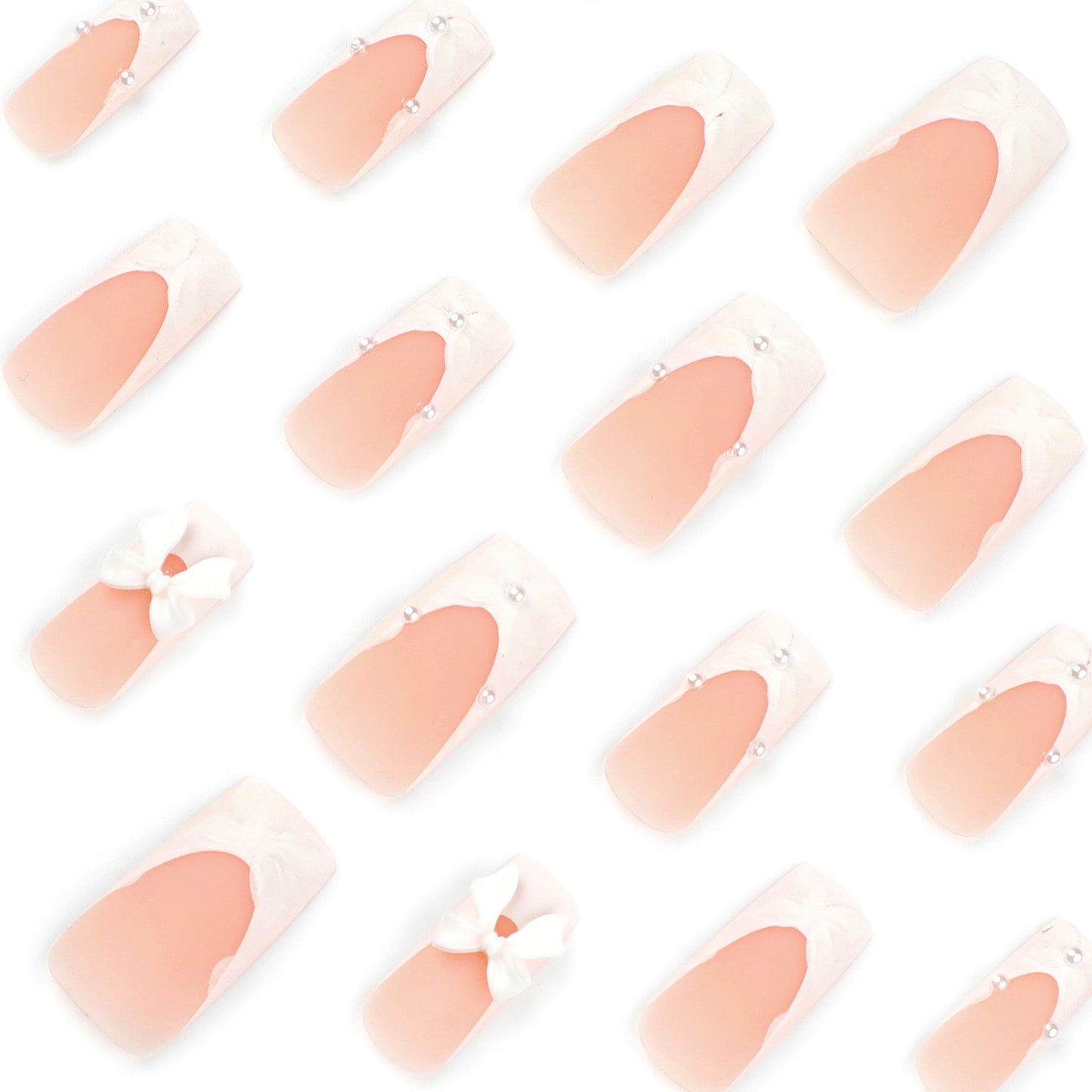 Unhas postiças removíveis com laço tridimensional, unhas médias e longas quadradas com flor 3D branca francesa fosca ｜ 365nails