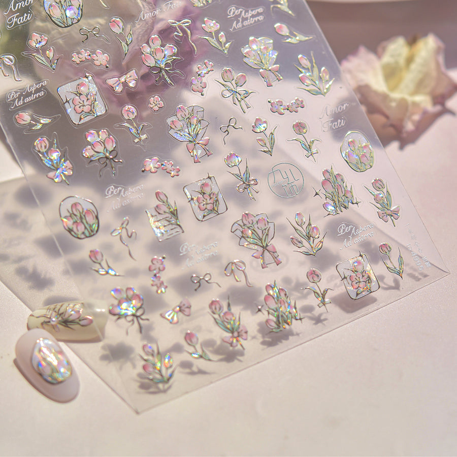 Iridescent Tulip & Amor Script: "Romantic Pink Tulip" – 5D Embossed Nail Sticker