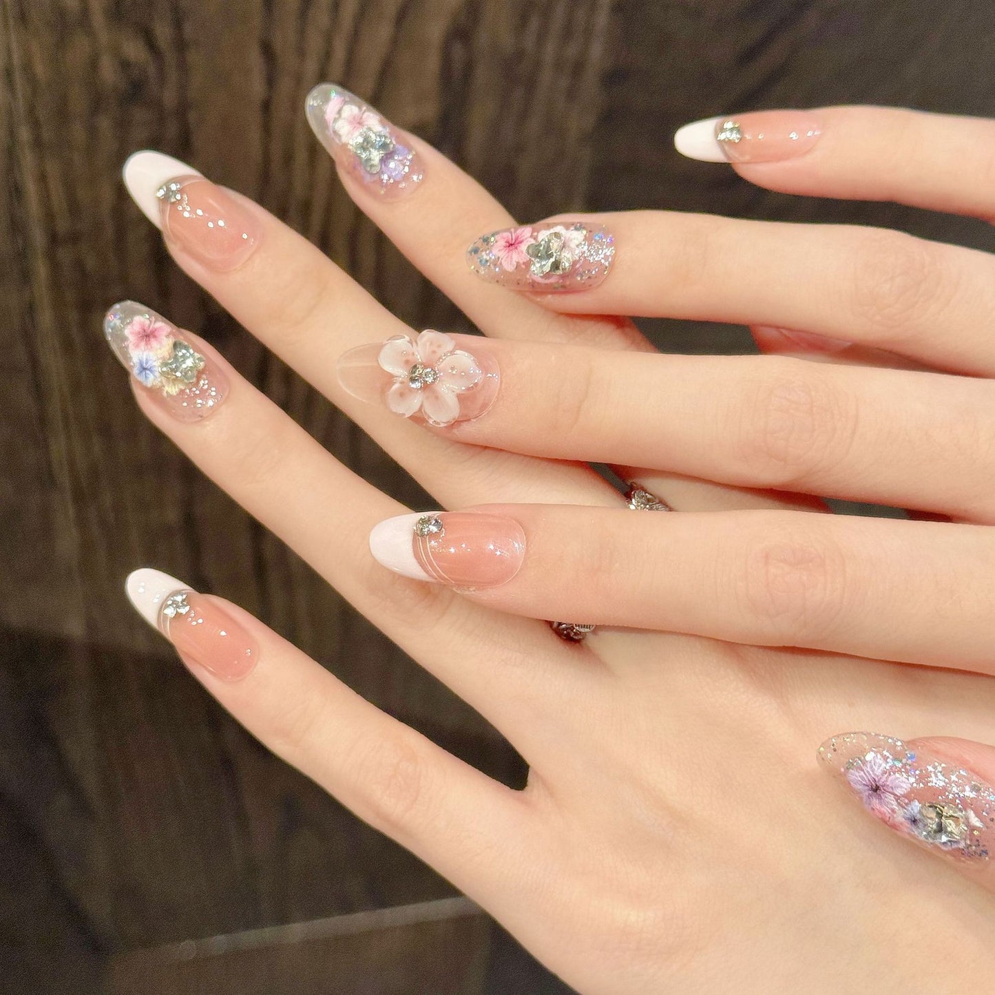 Pastel Floral Pink Glitter Handmade Press On Nails
