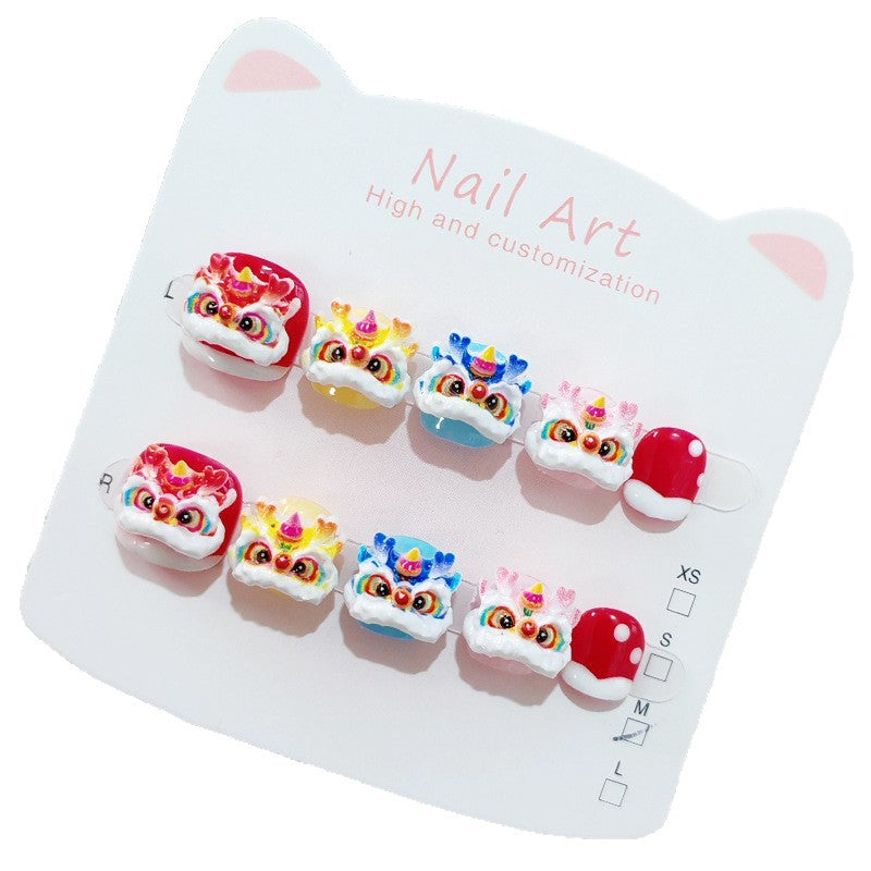 365Nails: "Auspicious Lion Dance" – Handmade Cute Short Oval Press On Nails With Chinese Lion Dance Design