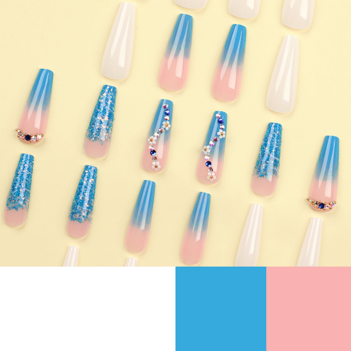 Long ballet manicure piece Pearl white  Blue gradual change sequins Sparkling diamond  Autumn and winter white ｜365nails