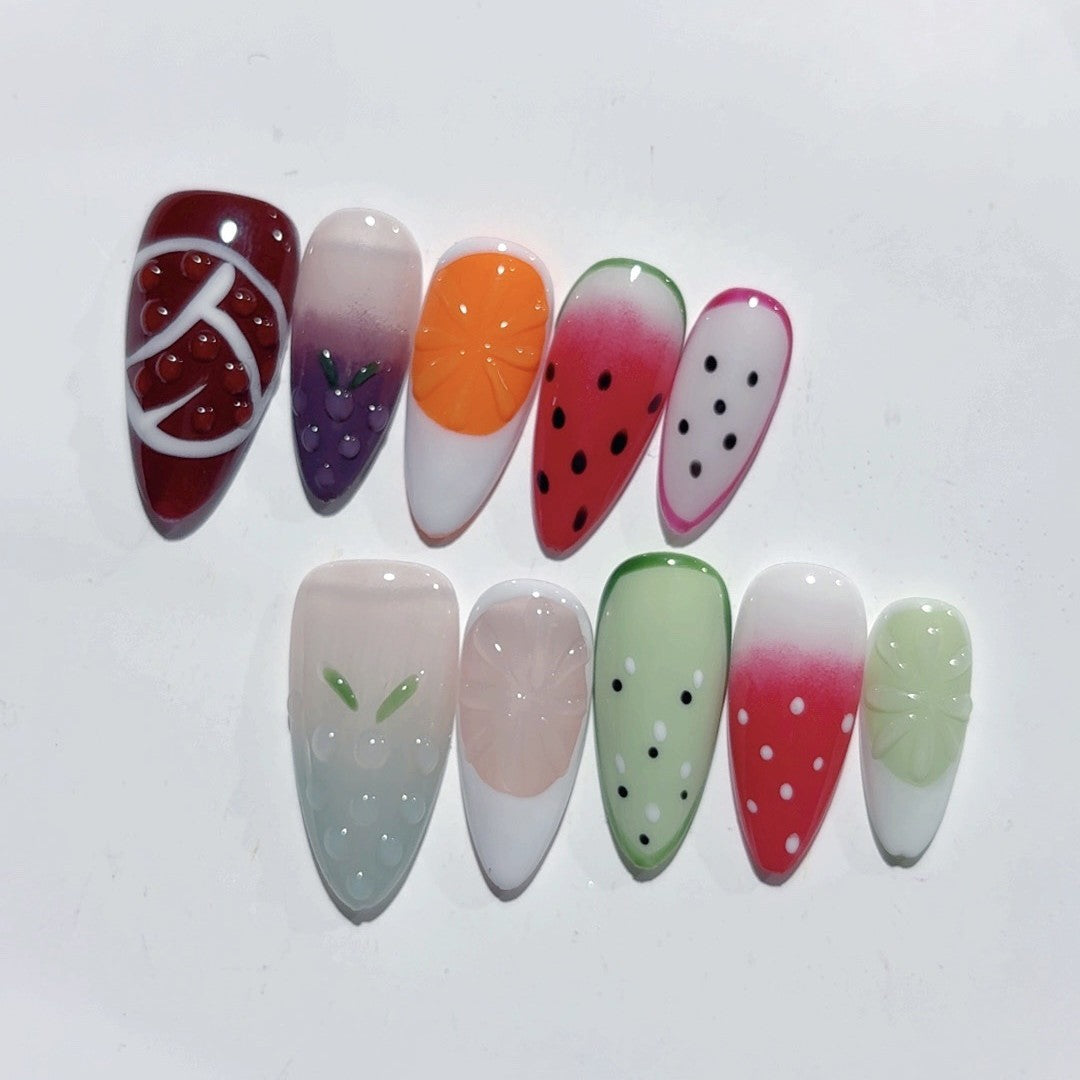 365nails 果香嘉年華：「熱帶水果拼盤」— 杏仁形手工製3D雕刻穿戴甲