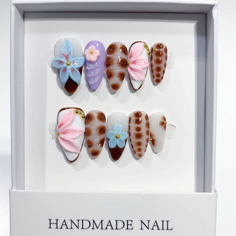 Sweet Safari: "Chocolate Floral Dream" – Almond Press-On Nails