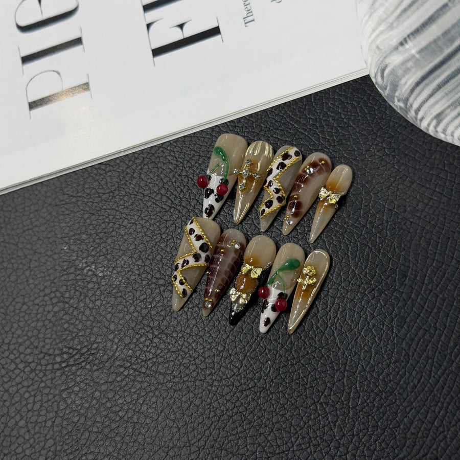 365nails: "Wild Bloom" – 3D Leopard & Cherry Handmade Stiletto Nails