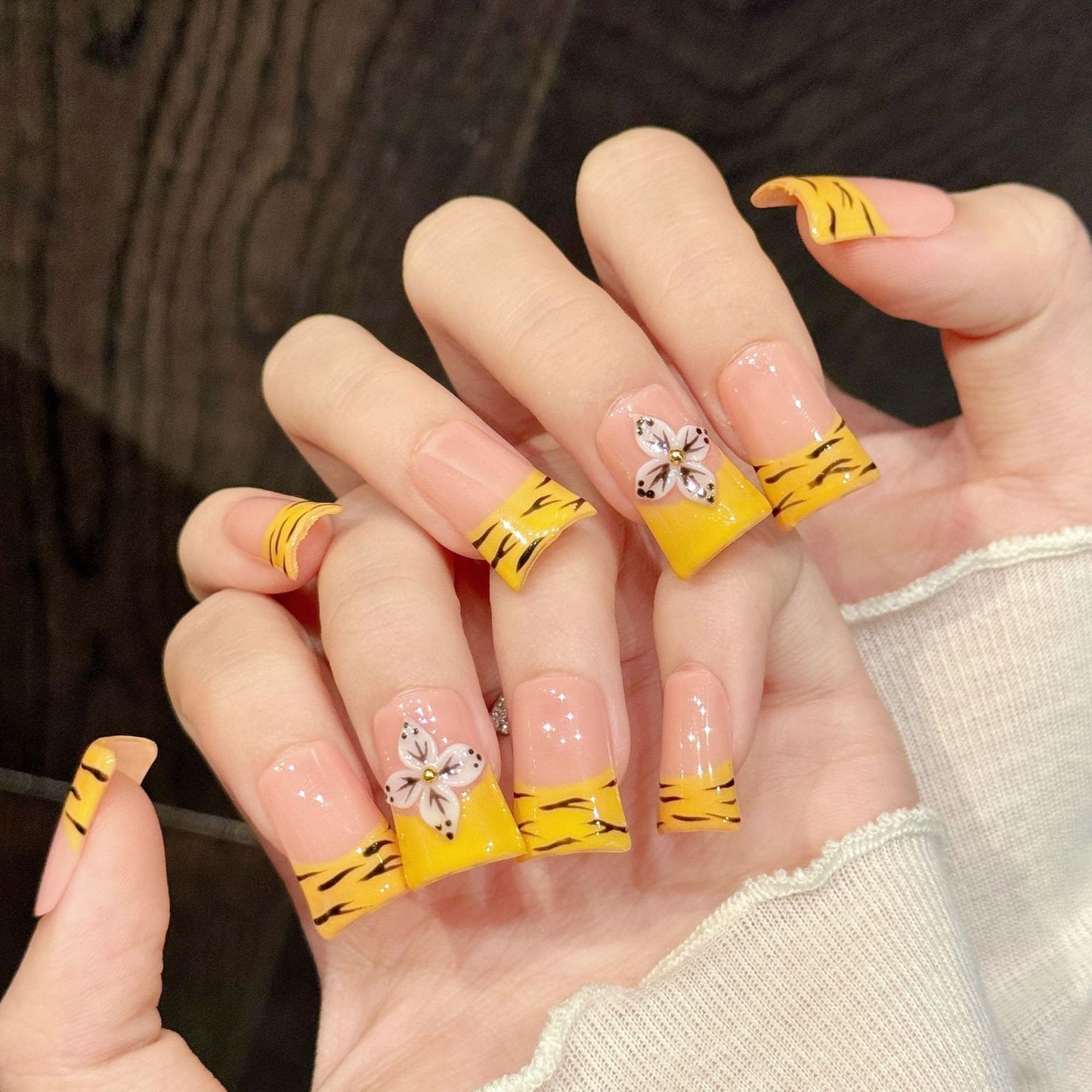 Peach Tiger Stripe Floral Cute Nails