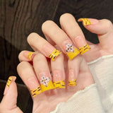Peach Tiger Stripe Floral Cute Nails