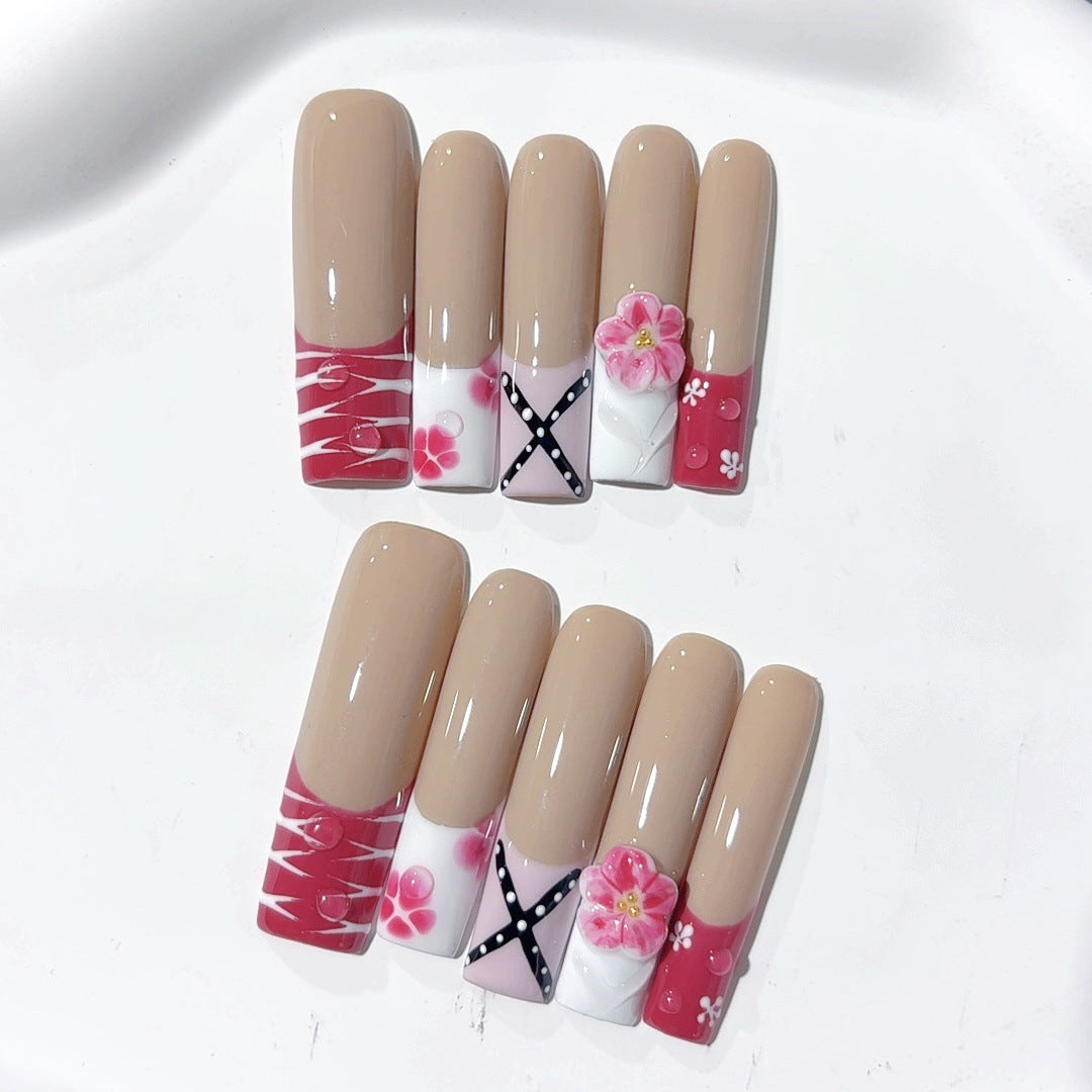 Pink Floral INS Style Long Press On Nails