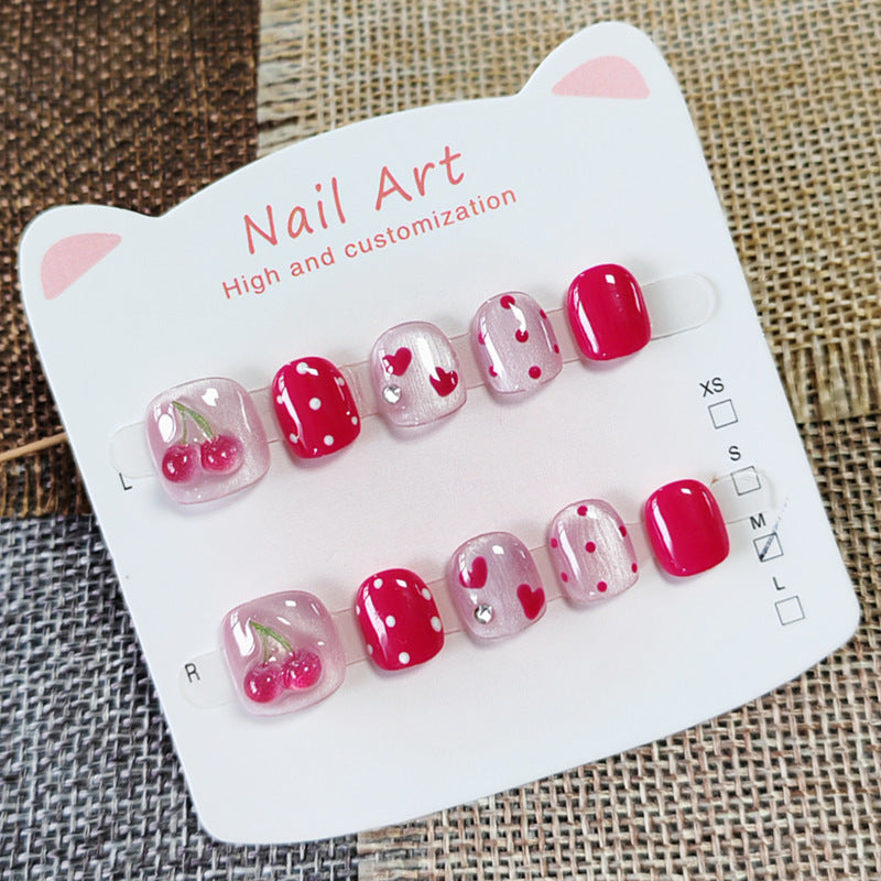 365nails: "raspberry jelly cherry" – short squoval handmade kids press-on nails