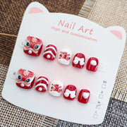 365Nails: "Auspicious Lion Dance" – Handmade Cute Short Oval Press On Nails With Chinese Lion Dance Design