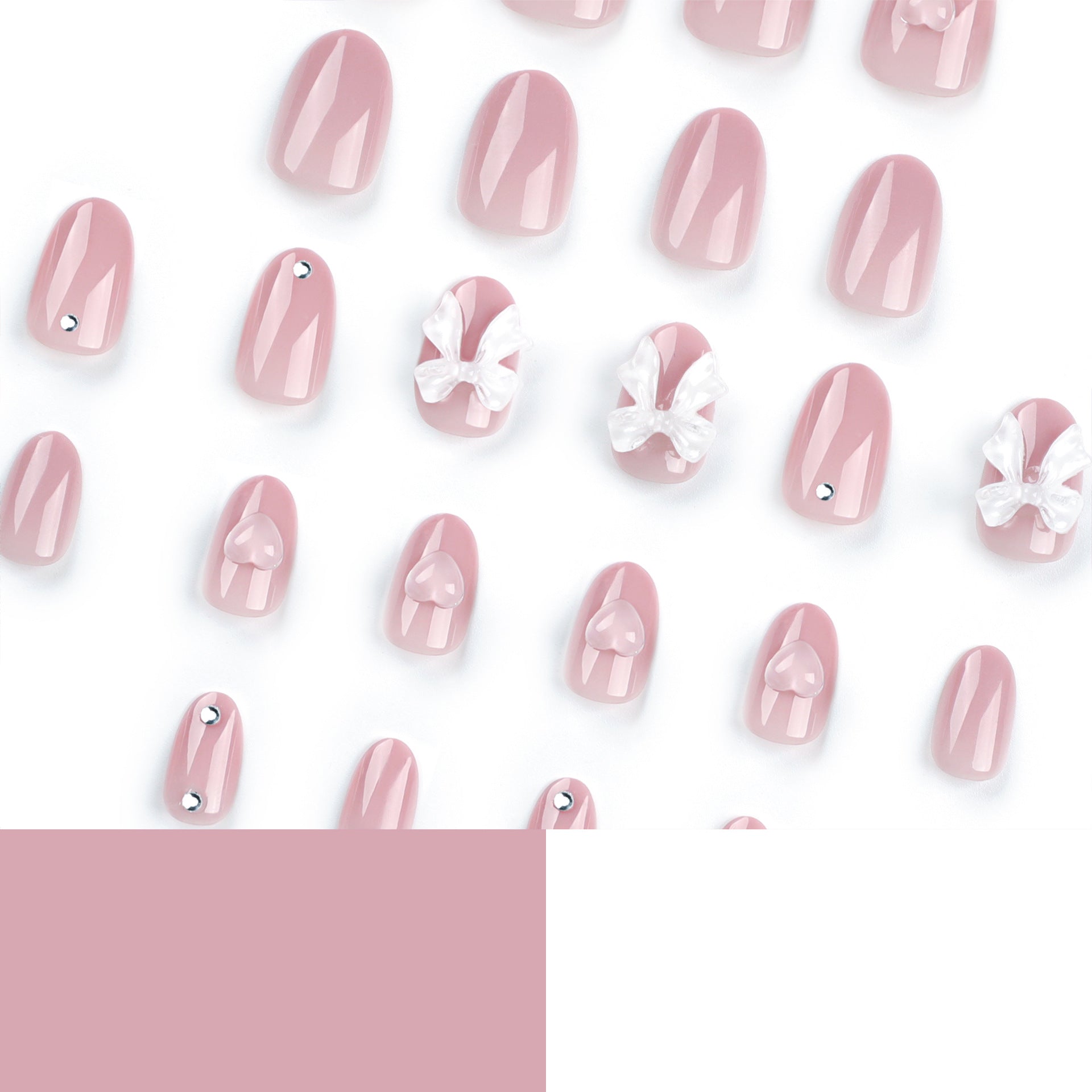 Naked pink solid color  white bow love manicure  removable fake nail wholesale｜365nails