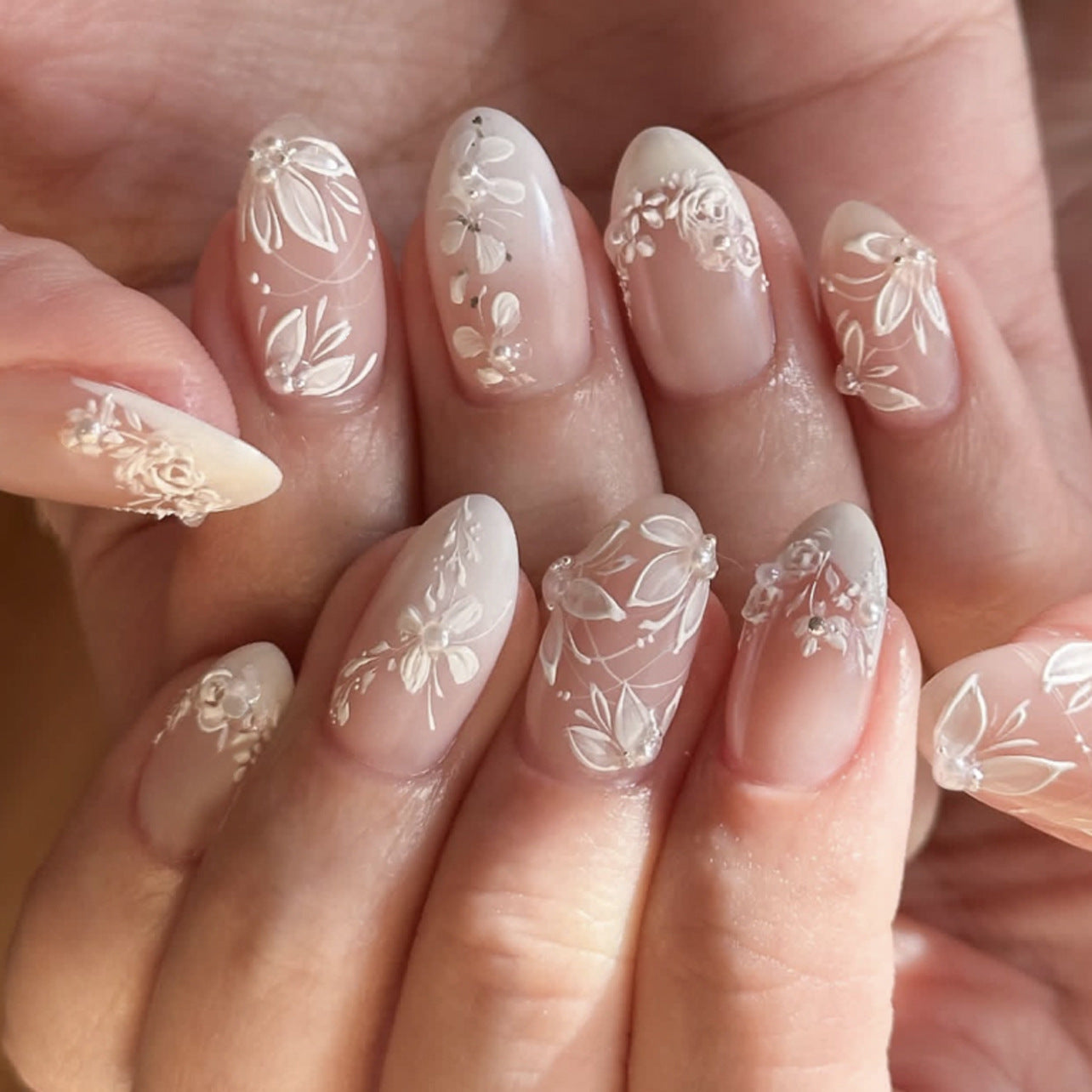 White Floral Embossed Sheer Pink Press On Nails