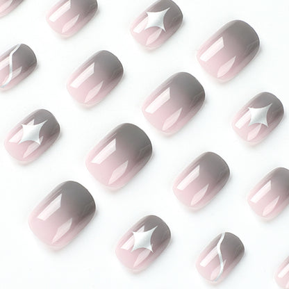 Uñas postizas cortas con efecto degradado en gris, acabado en polvo desnudo, manicura con estrella, uñas postizas cortas, 365nails