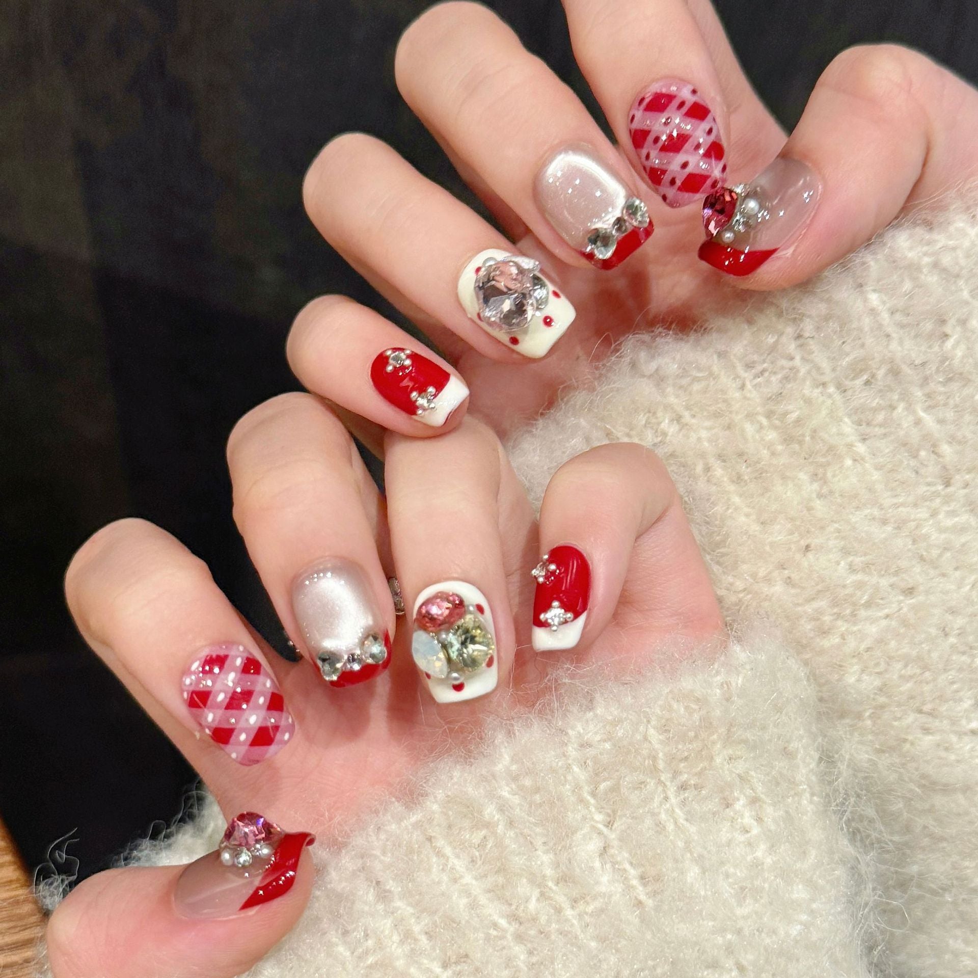 365nails: "Candy Plaid" – 3D Bow & Rhinestone Handmade Square Nails