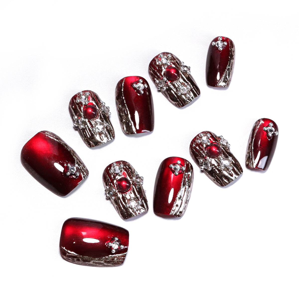復古輕奢寶石感貓眼紅色分碼穿戴甲—閃鑽成品批發｜365nails