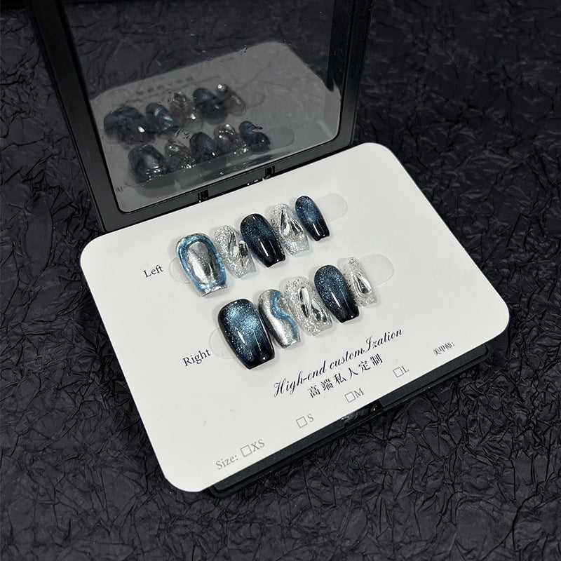 Galaxy Press-On Nails with Silver Chrome and Blue Shimmer