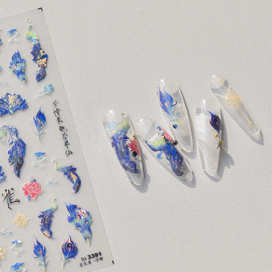 東方孔雀與貝殼：「Blue Peacock」—5D 貝殼光指甲貼紙