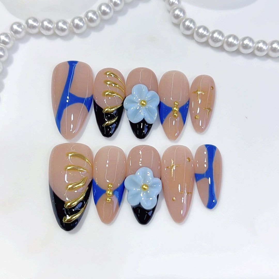 Blue Bloom: "Nude Gold Chain" – Almond Shape Handmade Press-On Nails