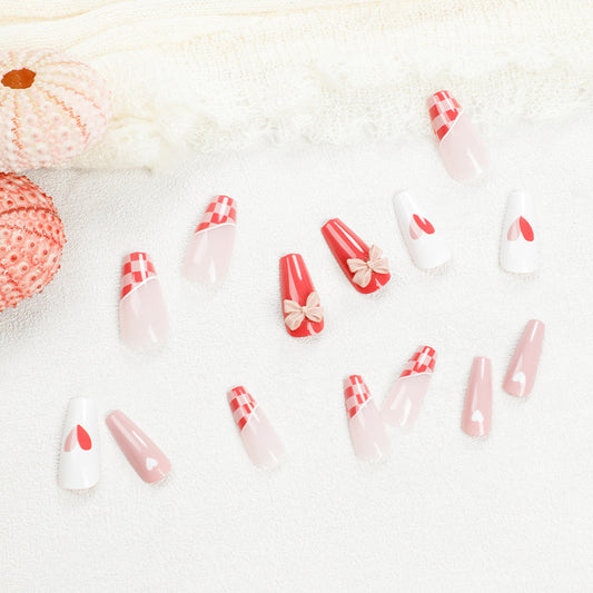 Wear nail nail patch ice through grapefruit red checkerboard nail whitening fake nail nail patch wholesale｜365nails
